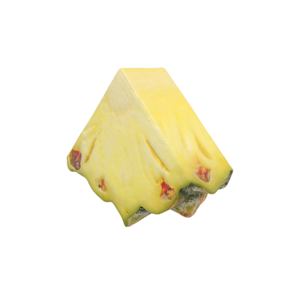 Kesik bir ananas parçası canlı sarı etini ve eşsiz dokusunu sergiliyor..