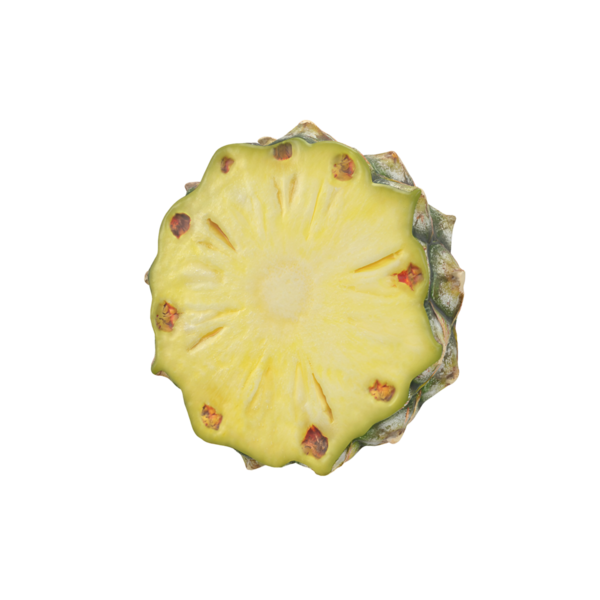 Dilimlenmiş bir ananasın canlı sarı etini ve eşsiz dokusunu gösteren üst görüntüsü..