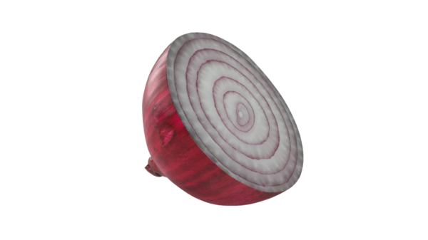 Kırmızı soğanın bir kesiti, katmanlı yapısını ve canlı renklerini gösteriyor..