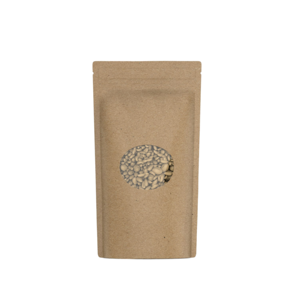 İçindekileri gösteren dairesel bir penceresi olan, muhtemelen yiyecek içeren bir kese kağıdı..