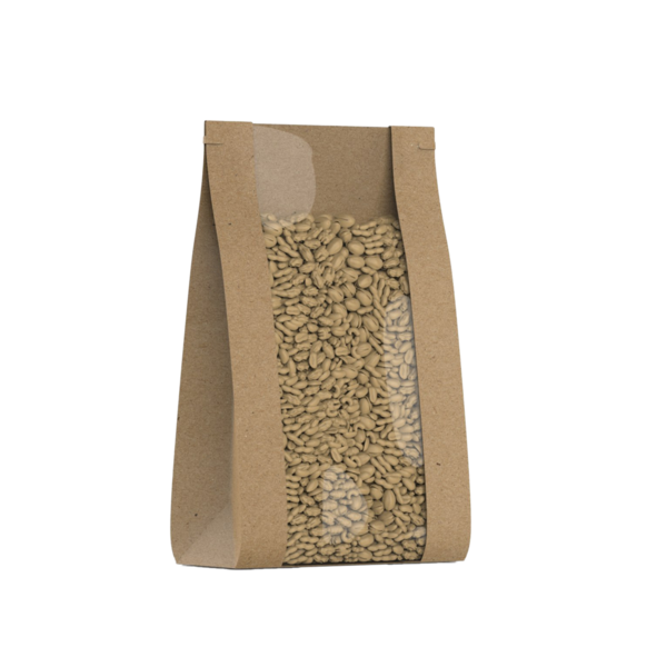 Çiğ tohumlarla dolu bir kağıt torba, görünürlük için şeffaf bir pencere sergiliyor.
