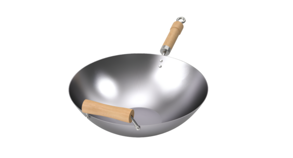 Fırında kızartıp çeşitli yemekler pişirmek için tasarlanmış ahşap saplı paslanmaz çelik bir tava..