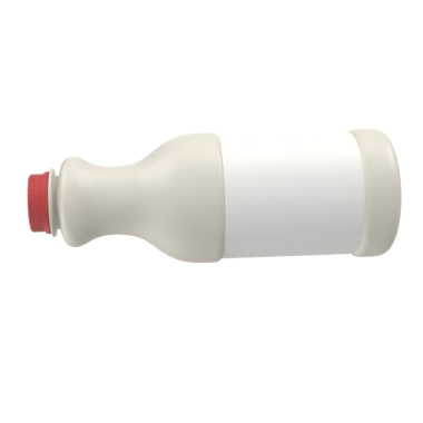 Kırmızı şapkalı basit bir şişe, sıvı içermesi için tasarlanmış, muhtemelen sos ya da sos..