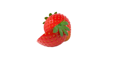 Canlı, 3 boyutlu bir çilek, sulu dokusunu ve yeşil yapraklarını sergiliyor, yiyecekle ilgili tasarımlar için mükemmel..