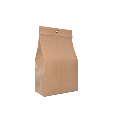 Yiyecek ya da küçük eşyalar taşımak için tasarlanmış basit, kahverengi bir kese kağıdı, üstü katlı ve düğmeli kapaklı..