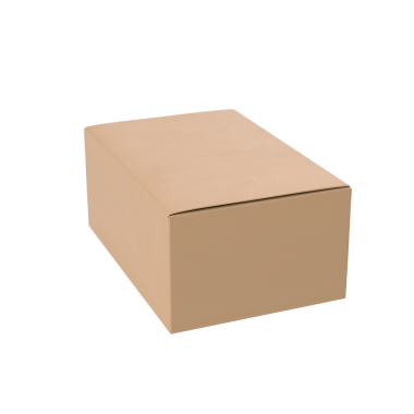 Tipik olarak ambalaj ve nakliye malzemeleri için kullanılan düz kahverengi bir karton kutu..
