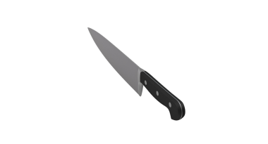 Kesim ve yemek hazırlamak için tasarlanmış, parlak bıçaklı ve siyah saplı bir mutfak bıçağı..