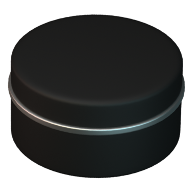 Metalik kenarı olan basit siyah silindirik bir kap, muhtemelen depolama veya ambalaj için kullanılır..