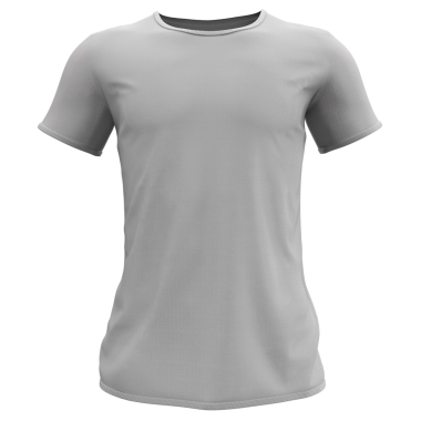 Beyaz arka planda gösterilen, gündelik giyim veya spor aktiviteleri için uygun sade gri kısa kollu tişört.