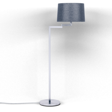 Parlak bir tasarımı ve kumaş gölgesi olan modern bir zemin lambası, iç mekanlar için ortam aydınlatması sağlıyor..