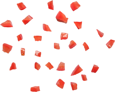 Kırılmış domates ya da benzeri yiyecek parçalarını andıran dağınık kırmızı parçalar..