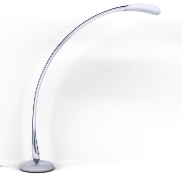 Kıvrımlı dizaynlı, parlak, modern bir zemin lambası, herhangi bir yer için şık bir ışıklandırma sağlıyor..