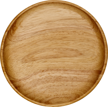 Pürüzsüz, yuvarlak ahşap bir tabak yemek servisi için tasarlanmış..
