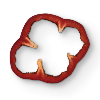 Dilimlenmiş kırmızı çan biberinin canlı rengini ve eşsiz şeklini gösteren yakın plan görüntüsü..