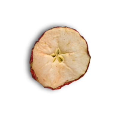 Kurumuş bir elma diliminin doğal dokusu ve tohumlarını sergileyen bir kesiti..