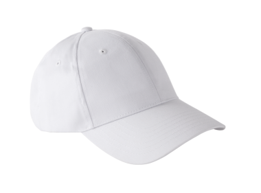 Kıvrımlı kenarlı, sıradan bir giysi ya da güneş koruması için uygun basit beyaz bir beysbol şapkası..