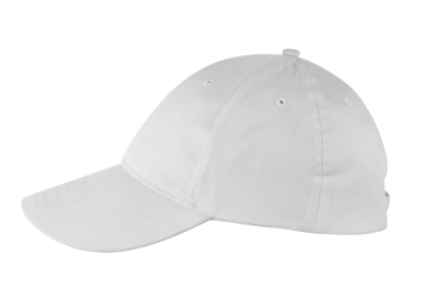 Kıvrımlı kenarlı, sıradan bir giysi ve güneş koruması için uygun basit beyaz bir beysbol şapkası..