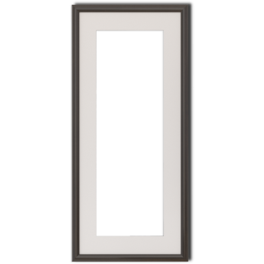Beyaz hasırlı ve koyu kenarlı dikdörtgen bir resim çerçevesi, sanat eserlerini veya fotoğrafları tutmak için tasarlanmıştır..