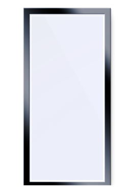 Pürüzsüz, siyah çerçeveli, ışığı ve çevreyi yansıtan basit bir dikdörtgen ayna..