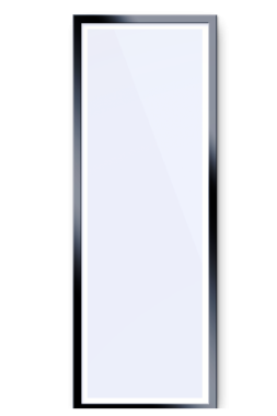 Uzun, dikdörtgen bir ayna, parlak siyah bir çerçeve, yansıma ve dekorasyon için tasarlanmış..