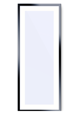 Siyah çerçeveli, ışığı ve uzayı yansıtan minimalist dikey bir ayna..