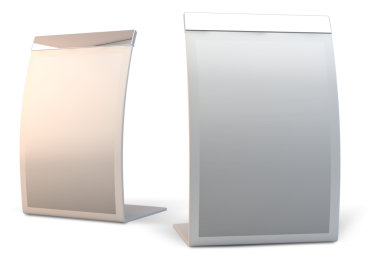 Bilgi ve reklamları sergilemek için tasarlanmış iki şık, modern ekran standı..