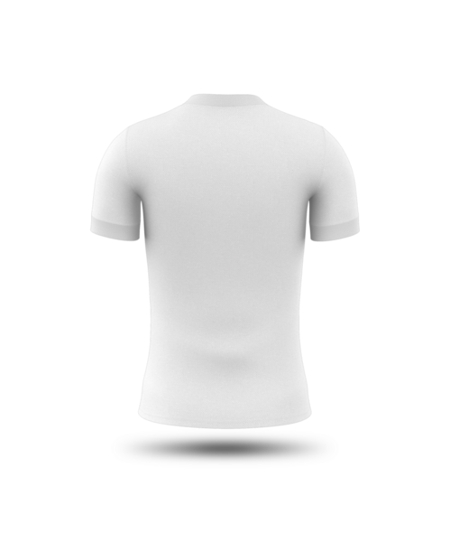 Arkadan görünen düz beyaz bir tişört, basit ve çok yönlü bir kıyafet tasarımı sergiliyor..