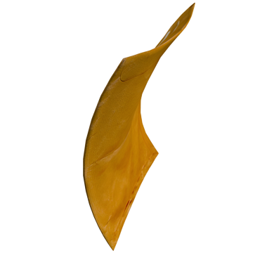 Yaprağa ya da soyut heykele benzeyen tek bir kıvrımlı sarı madde parçası..