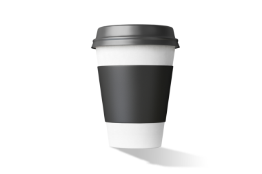 Sıcak içecekler servis etmek için tasarlanmış siyah bantlı beyaz bir vücudun yer aldığı tek kullanımlık bir kahve fincanı..