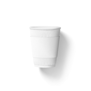 Sıcak içecekler için tasarlanmış, desenli kollu, sade beyaz bir kağıt bardak..