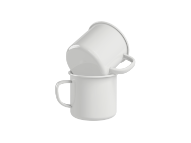 İki beyaz kupa üst üste dizilmiş, biri ters çevrilmiş, basit ve işlevsel bir tasarım sergiliyorlar..