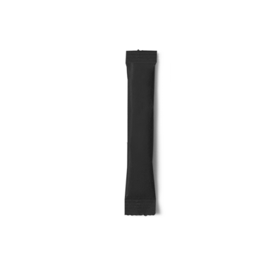 Parlak siyah bir ambalaj, genellikle yiyecek maddeleri için kullanılır, muhtemelen şeker ya da baharat içerir..