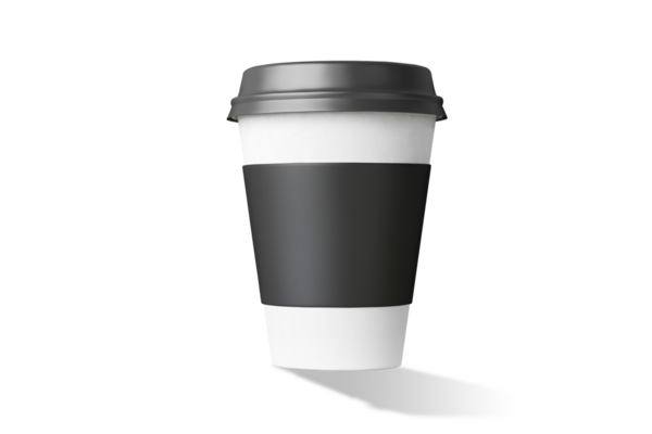 Sıcak içecekler servis etmek için tasarlanmış siyah bantlı beyaz bir vücudun yer aldığı tek kullanımlık bir kahve fincanı..