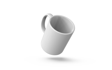 Gölgeli bir yüzey üzerinde yüzen basit bir beyaz kupa tasarımı ve biçimi sergiliyor..