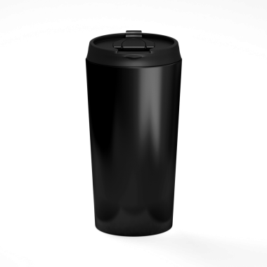 Modern ortamlarda atık imhası için tasarlanmış parlak siyah bir çöp kutusu..