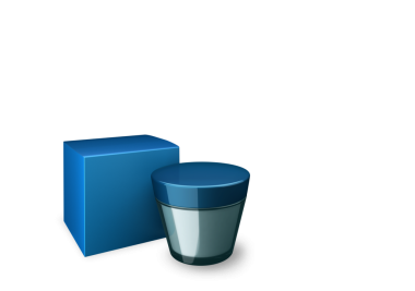 Mavi bir kutunun yanında kapağı olan mavi bir kavanoz, ambalajı ya da kozmetik ürünü temsil ediyor..
