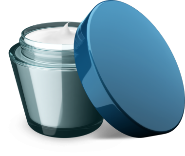 Mavi kapaklı bir krem kavanozu. Genellikle cilt bakımı ya da kozmetik amaçlı kullanılır..