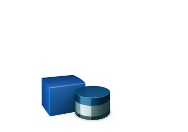 Mavi bir küp ve yuvarlak bir kabın çizimi, muhtemelen kozmetik veya cilt ürünlerini temsil ediyor..