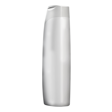 Şahsi bakım ve saç hijyeni için tasarlanmış parlak, beyaz bir şampuan şişesi..