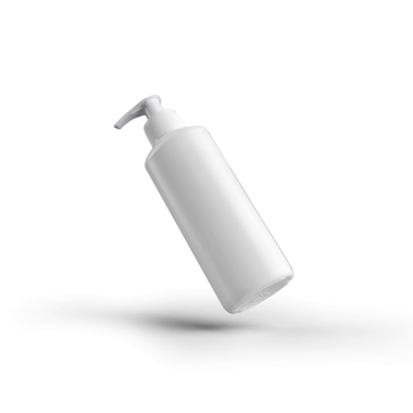 Yüzen beyaz bir pompa şişesi, genellikle losyonlar veya sıvı ürünler için kullanılır, minimalist bir tasarım sergiler..