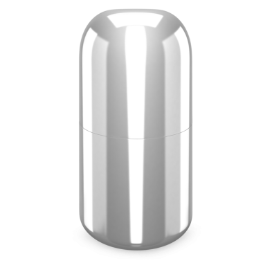 Parlak, parlak kapsül benzeri bir kap depolama veya taşıma için tasarlanmış..