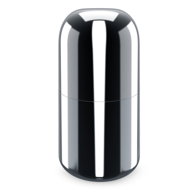 Yansıtıcı siyah yüzeyi olan parlak, silindirik bir kap, depolama veya ambalaj için tasarlanmış..