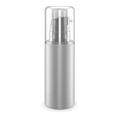 Cilt bakımı ya da güzellik ürünleri için tasarlanmış şeffaf kapaklı, parlak, gümüş bir kozmetik pompa şişesi..