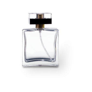 Parlak desenli cam bir parfüm şişesi ve siyah bir başlık. Parfüm depolamak ve dağıtmak için kullanılıyor..