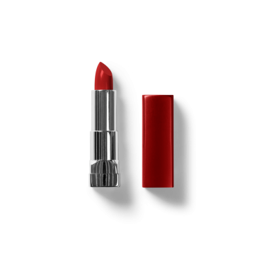 Metalik bir tüpte canlı kırmızı bir ruj. Güzellik ve kozmetik sergiliyor..