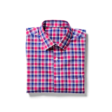 A folded checkered shirt featuring a mix of pink and blue colors, suitable for casual or semi-formal occasions.