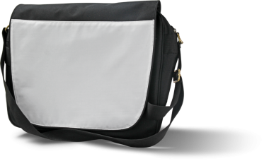 Kişisel eşyalar taşımak için tasarlanmış bir siyah beyaz kurye çantası, iş için uygun ya da günlük kullanım için.