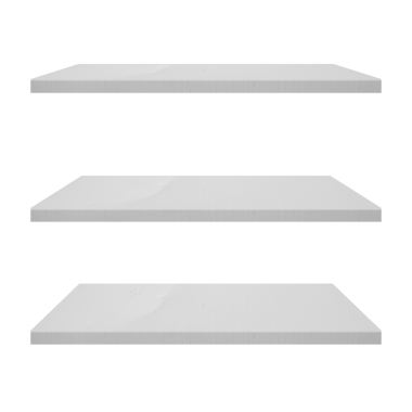 Yatay olarak dizilmiş üç adet minimalist beyaz raf..