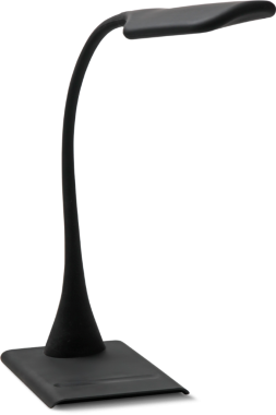 Çalışma ortamlarında veya çalışma ortamlarında odaklanmış aydınlatma için tasarlanmış esnek boyunlu parlak siyah bir masa lambası..