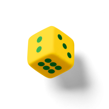 Yeşil noktalı canlı sarı bir zar, oyunlarda sıkça rastlantısal sayı üretiminde kullanılır..